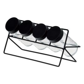 Conjunto 4 Potes de Vidro para Temperos e Suporte em Metal Preto - Lyor 1172