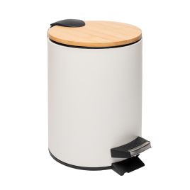 Lixeira Redonda de Metal com Pedal e Tampa em Bambu Branca 5L - Lyor 220225