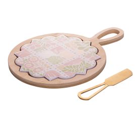 Conjunto 3 Peças para Queijo com Tábua Redonda e Faca Floral 30,5cm x 20cm x 2cm Bambu - Lyor 220940