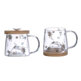 Caneca de Vidro Borossilicato Resistente ao Calor com Pires de Bambu Daisy 330ml - Lyor 5705