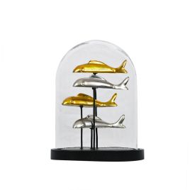 PEÇA DECORATIVA PEIXES EM RESINA DOURADO E PRATA NA  CÚPULA EM VIDRO TRANSPARENTE E   AD2010