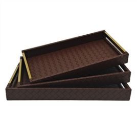 CJ. DE BANDEJAS DE MADEIRA MARROM E DOURADO - 3PCS AL0019