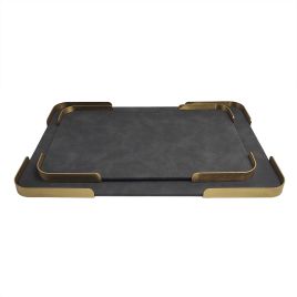 CJ DE 2 BANDEJAS DECORATIVAS EM MADEIRA REVESTIDO EM PU PRETO E DOURADO G45CM X AL0046