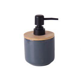PORTA SABONETE EM CERÂMICA AZUL DETALHE EM MADEIRA DISPENSER PRETO CQ0013