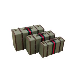 CJ DE MALETAS MADEIRA REVESTIDO EM TECIDO CINZA FAIXA VERDE E VERMELHO 3PCS FR5024