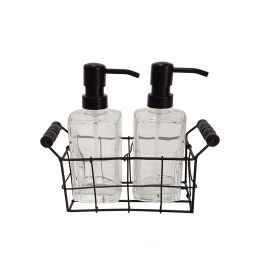 CJ DE PORTA SABONETES EM VIDRO TRANSPARENTE COM SUPORTE EM METAL PRETO HJ0096
