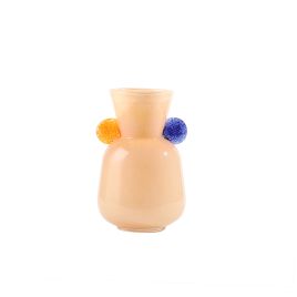 VASO DECORATIVO EM VIDRO BEGE DETALHE AMARELO E AZUL LR0041