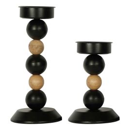 CJ DE CASTICAIS DE MADEIRA E METAL MARROM E PRETO 2PCS